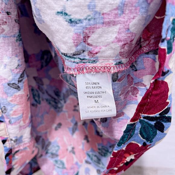 KARLIE Linen Floral V Neck Ruffle Top Pink Half Sleeve Casual Womens Medium - Picture 6 of 8